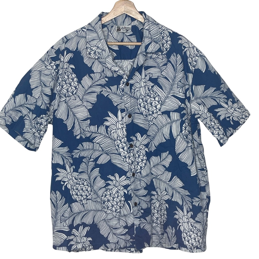 Aloha Republic Mens XL Hawaiian Shirt Blue White Pineapple Made in Hawaii USA